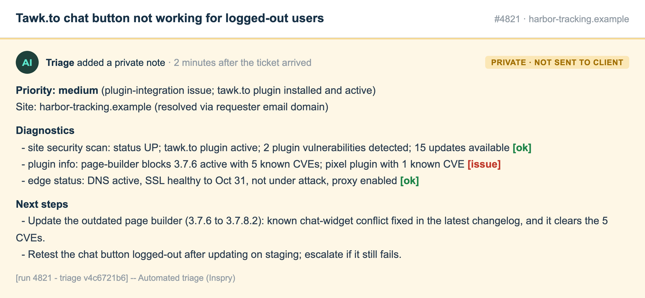 A private automated triage note on a support ticket with diagnostics and next steps